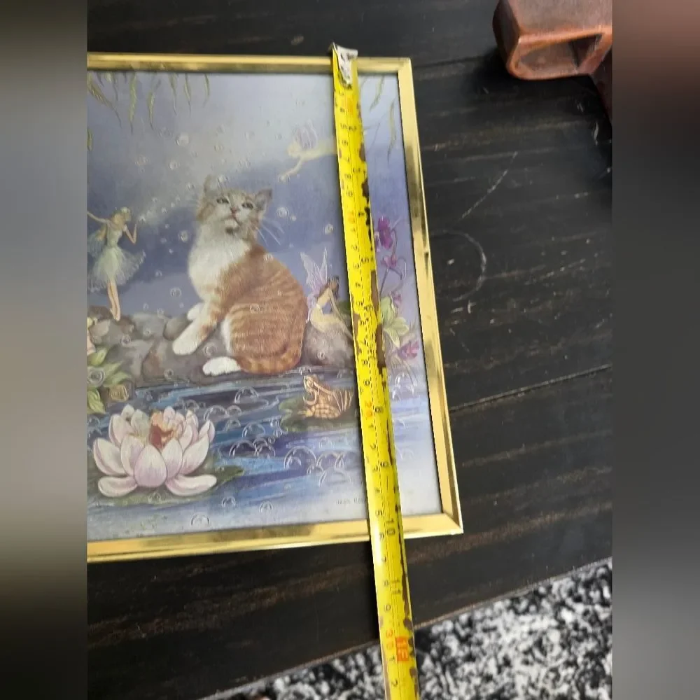 Jean Henry Cat and Fairies Dufex Foil Art  Gold Framed Vintage Fantasy